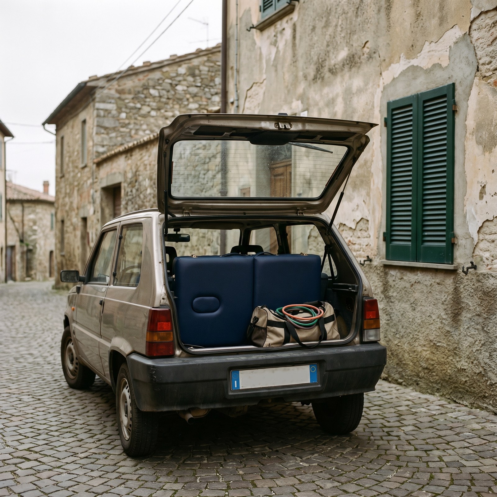 Lettino pieghevole nel bagagliaio di un'utilitaria in una via di paese