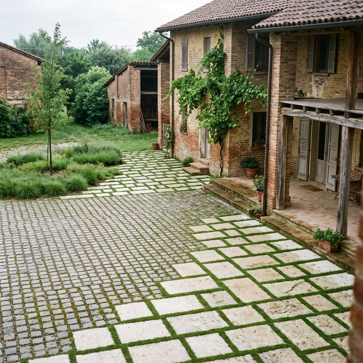 Cortile di cascina pavimentato con lastre chiare e giunti larghi d erba in griglia sfalsata