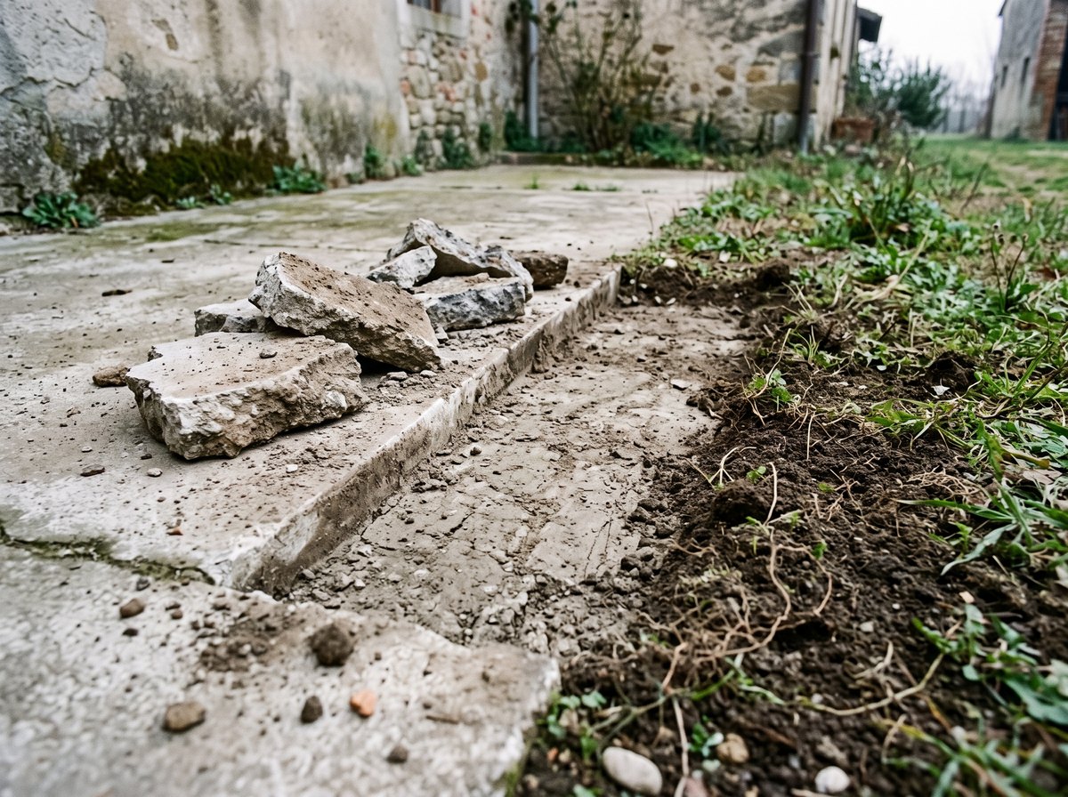 Lastra di cemento rotta e sollevata, sotto un terreno pallido e compattato accanto all erba viva