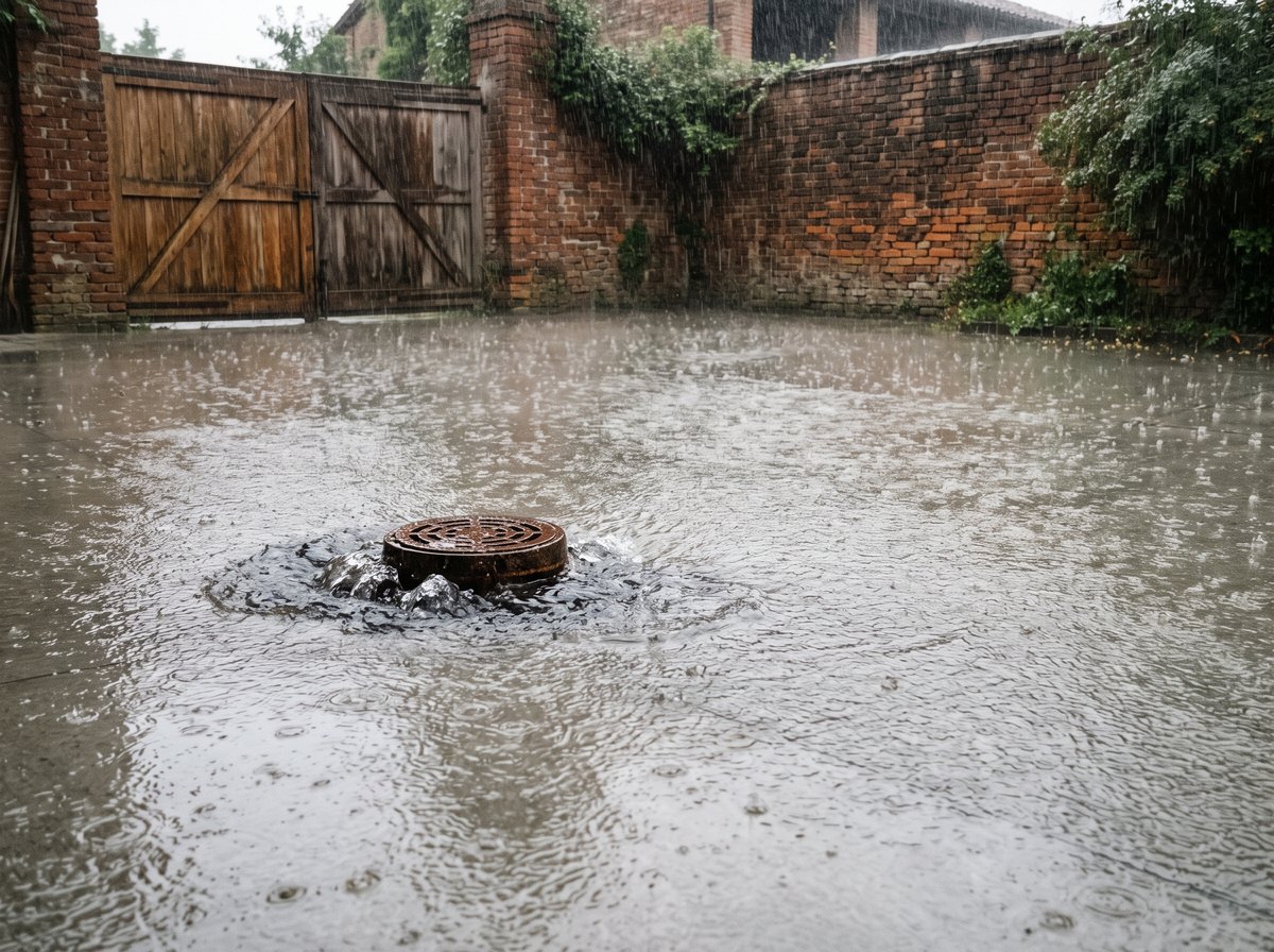 Cortile in cemento sotto un temporale, il tombino al centro non riceve piu l acqua